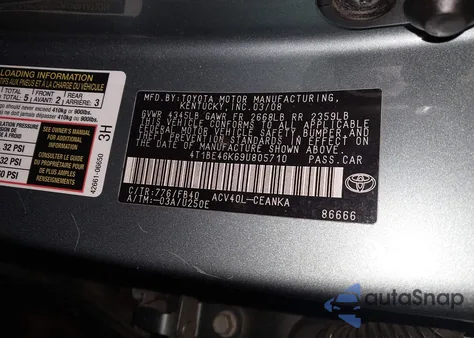 2009 Toyota Camry Le z USA, uszkodzony, nr VIN 4T1BE46K69U805710